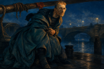 A solitary dockworker crouches beneath a timber beam on the moonlit Seine, his troubled gaze reflecting the tension, loneliness, and foreboding at the heart of Puccini's Il tabarro.